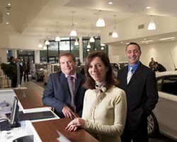 Left to right: Graham Cunningham, dealer principal at Cooper BMW York and architect Lorna Griffiths from Taylor Design with Lewis Dowie, commercial manager at Whelan Construction at the refurbished Inchcape BMW at Clifton Moor, York.